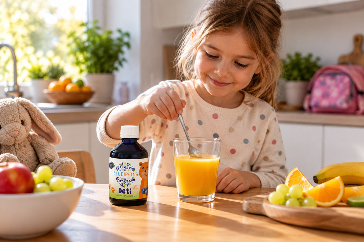 Dítě míchá dávku lipozomálního multivitaminu do džusu